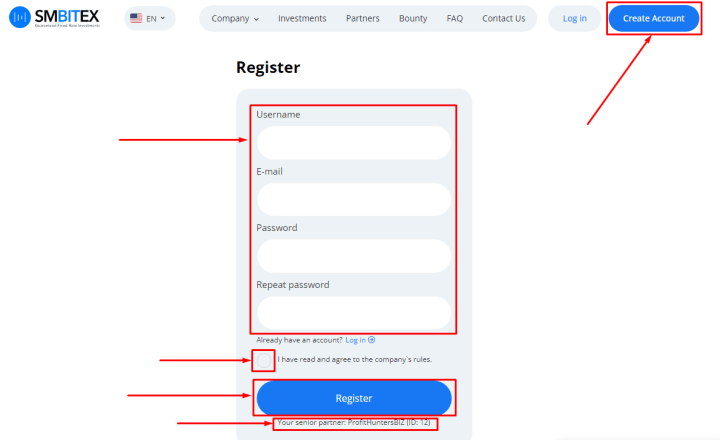 Регистрация в проекте SMBITEX