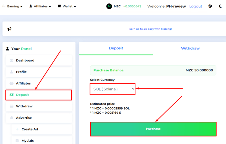 Пополнение баланса в проекте Monezy