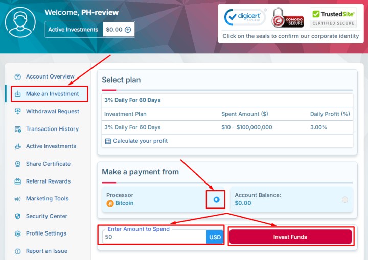 Создание депозита в проекте Winvest