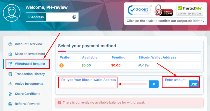 Вывод средств депозита в проекте Winvest